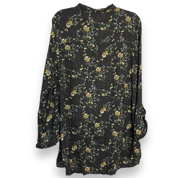 Easel Button Front Tunic Top Women's Medium Navy Blue Floral Casual Modest Shirt - Picture 3 of 13
